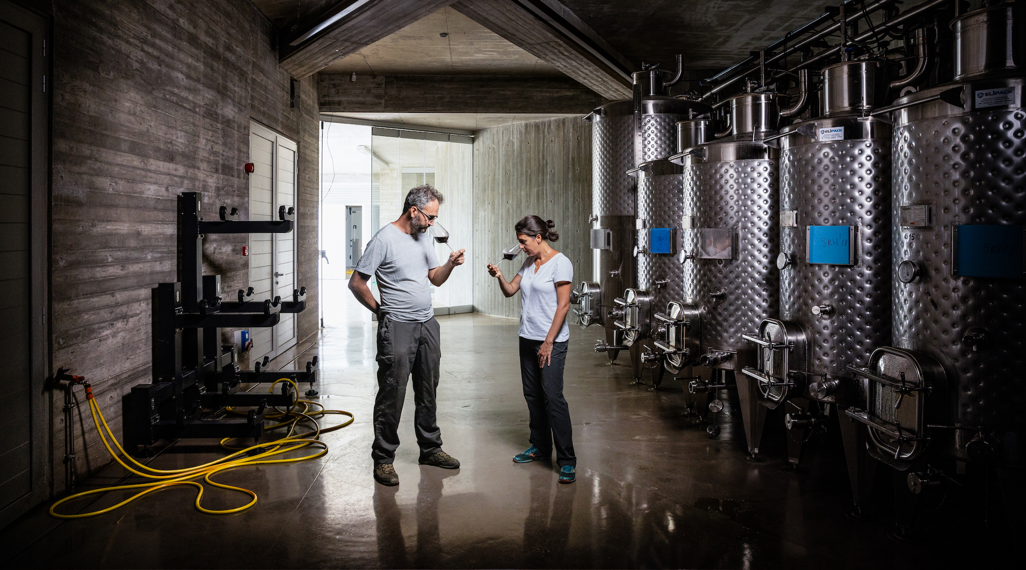 Victoras Finopoulos and Alexa Papadouris in the Marathasa winery