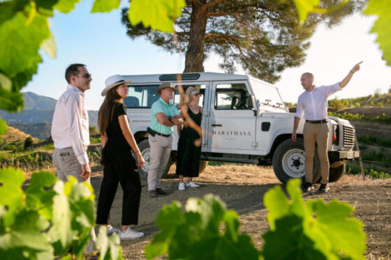 4X4 winehost pointing at vineyards