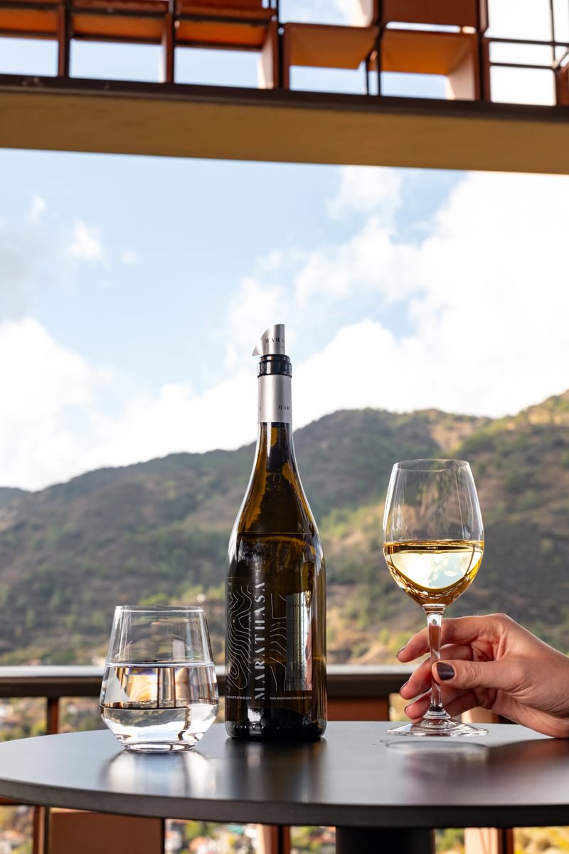 A hand holds a glass of white wine next to a bottle, with another glass of water on a small table. Mountains and a partly cloudy sky are visible in the background, framed by a balcony rail.